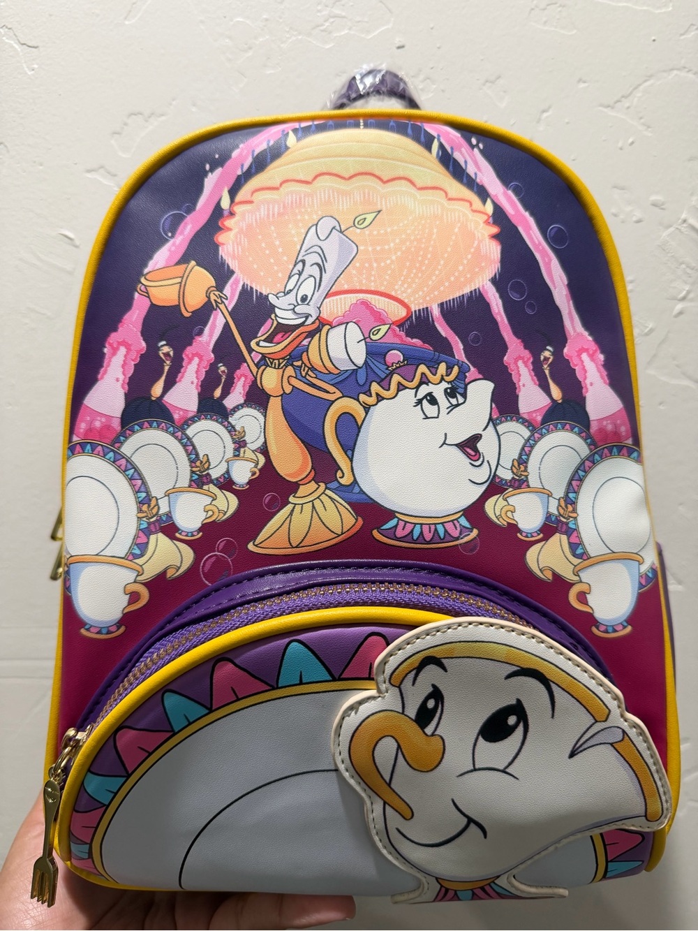 Loungefly Purple Yellow Chip and Mrs. Potts Backpack